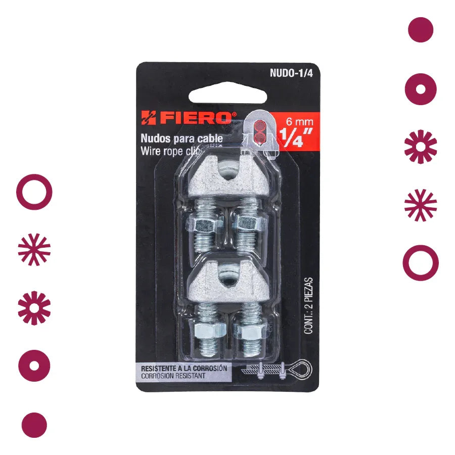 BLÍSTER CON 2 NUDOS (PERROS) DE HIERRO PARA CABLE DE 1/4" FIERO - - Vivero Yañez 